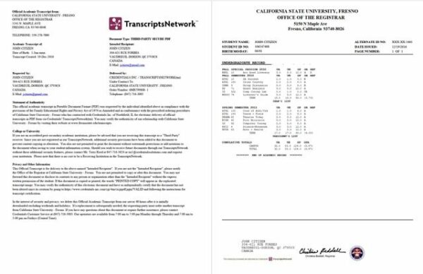California State University Fresno official academic transcript Word and PDF template, 2 pages