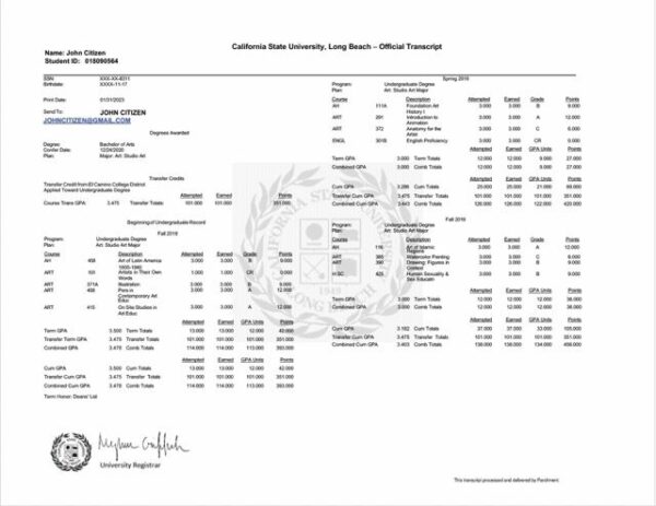 California State University, Long Beach official transcript Word and PDF template