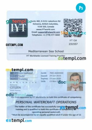 Canada British Columbia international yacht training card template in PSD format