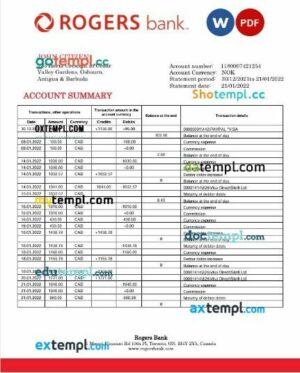 Canada Rogers bank statement template in Word and PDF format