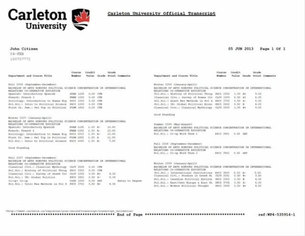 Carleton University official transcript Word and PDF template
