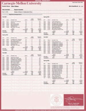 Carnegie Mellon University official transcript Word and PDF template