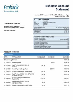 Central African Ecobank business bank organization account statement Word and PDF format