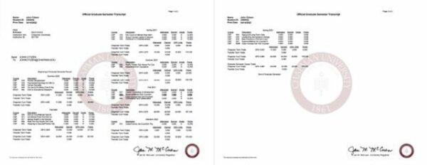 Chapman University official graduate semester transcript Word and PDF template, 2 pages