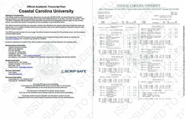 Coastal Carolina University official academic transcript Word and PDF template, 2 pages
