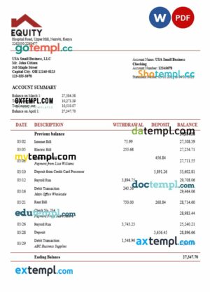 Equity bank business firm account statement Word snd PDF format