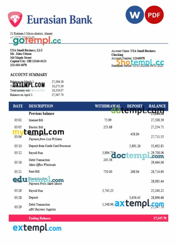 Eurasian Bank business bank statement Word and PDF format