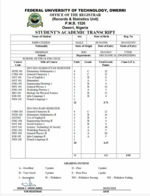 Federal University of Technology Owerri student’s academic transcript Word and PDF template