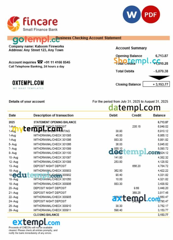 Fincare business firm account bank statement Word and PDF format