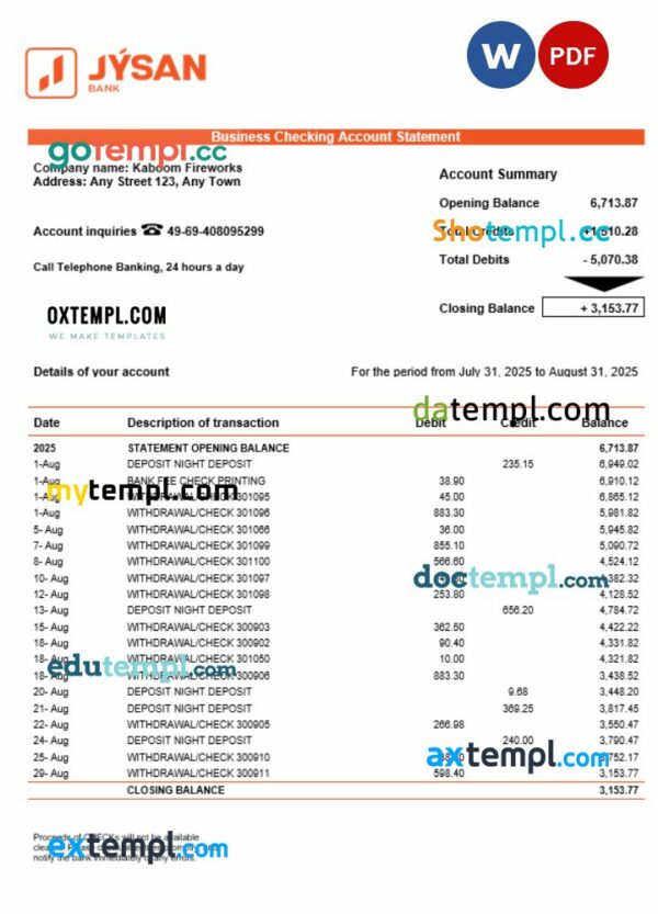 First Heartland Jusan bank company statement Word and PDF format