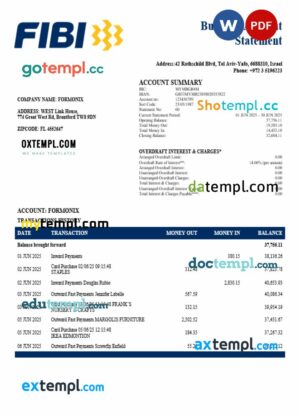 First International Bank of Israeli company checking account statement Word and PDF template