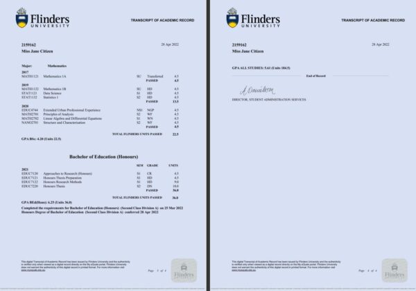 Flinders University transcript of academic record Word and PDF template, 4 pages - Image 2
