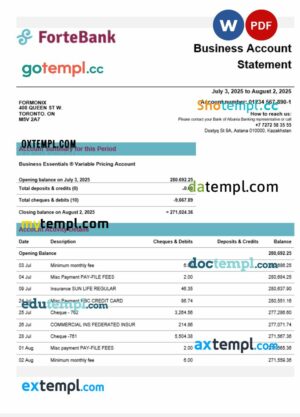 Forte bank firm account statement Word and PDF template