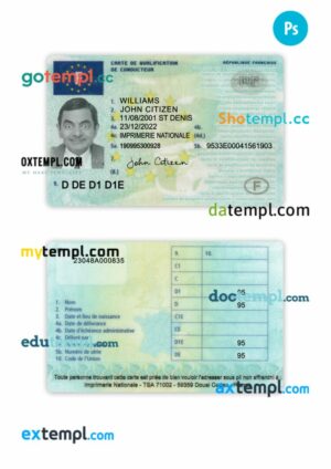France driving license PSD editable template, 2022-present