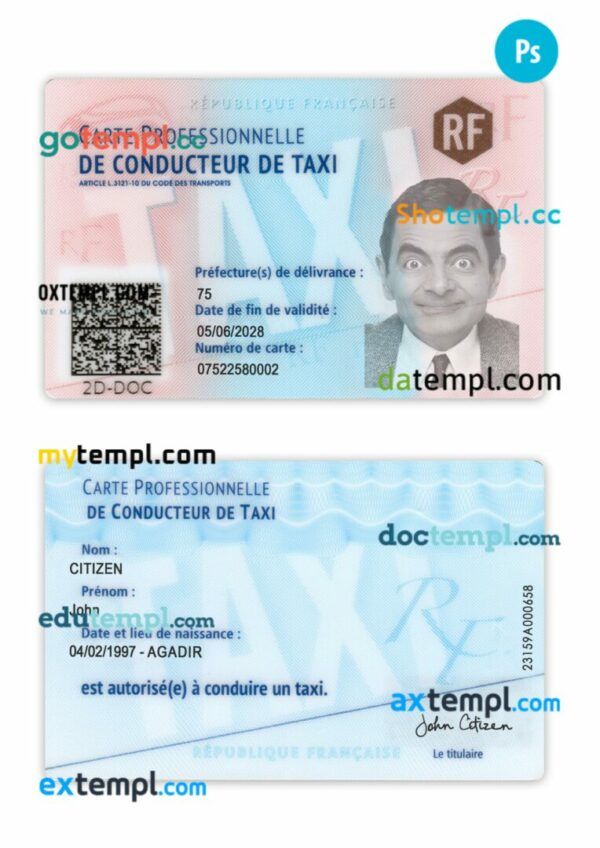 France taxi driver ID card template in PSD format