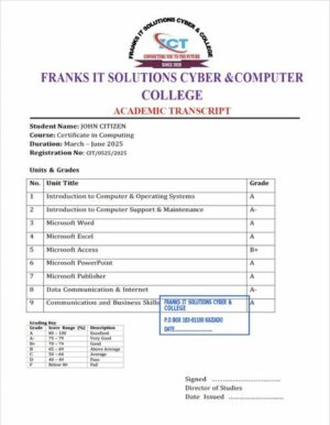 Franks It Solutions Cyber & Computer College academic transcript Word and PDF template