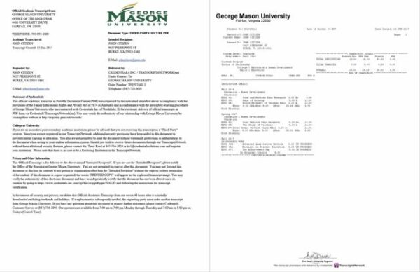 George Mason University official academic transcript Word and PDF template, 2 pages