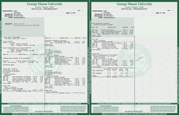 George Mason University official transcript Word and PDF template, 2 pages, version 2