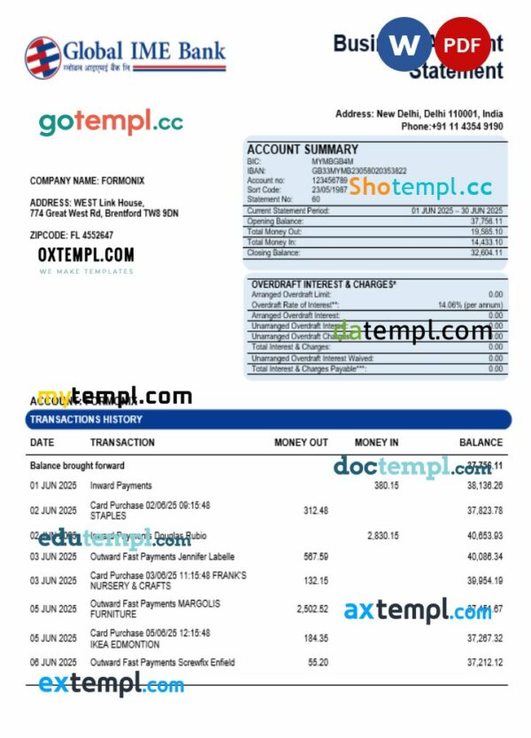 Global Ime company checking account statement Word and PDF template