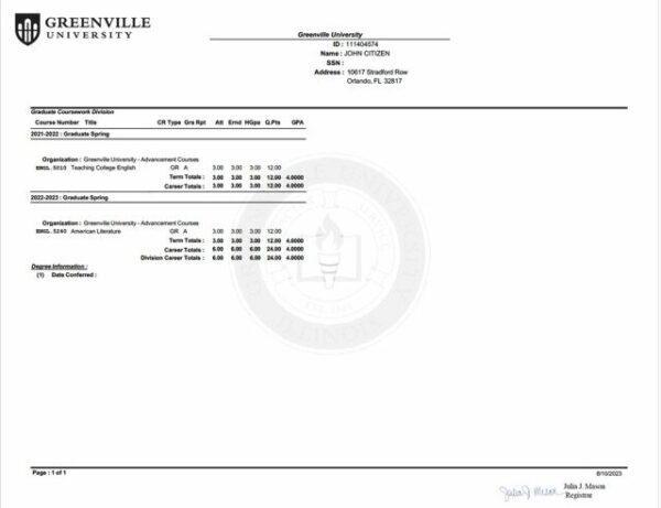 Greenville University transcript Word and PDF template