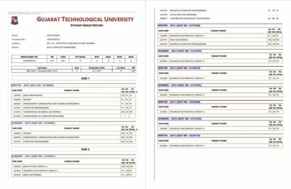 Gujarat Technological University student grade history Word and PDF template, 2 pages