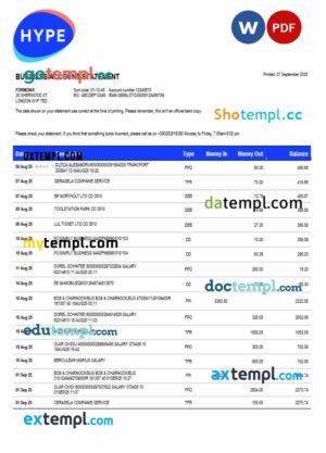 HYPE SPA bank company checking account statement Word and PDF template
