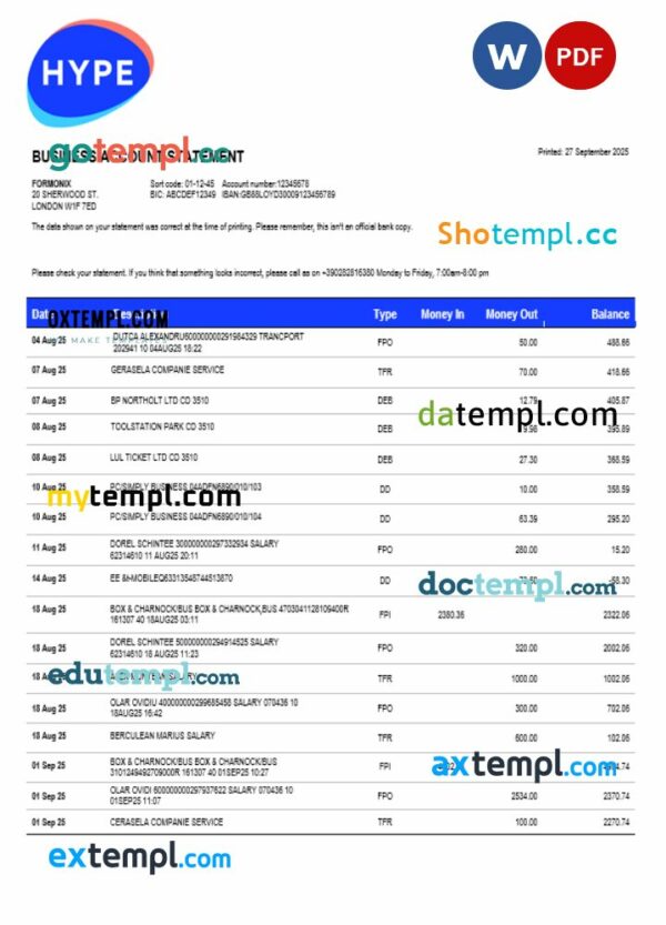 HYPE SPA bank company checking account statement Word and PDF template