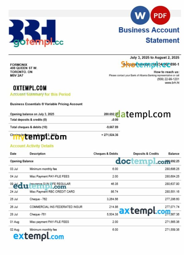 Haiti BRH firm account statement Word and PDF template