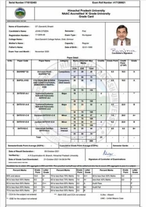 Himachal Pradesh University grade card Word and PDF template