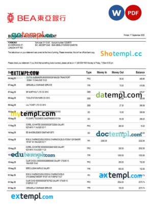 Hong Kong BEA business bank statement Word and PDF format