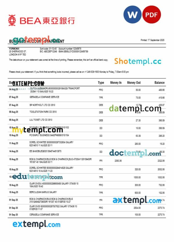 Hong Kong BEA business bank statement Word and PDF format