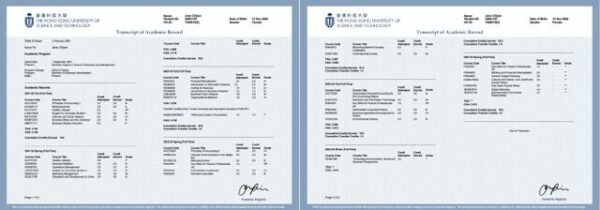 Hong Kong University of Science and Technology transcript of academic record Word and PDF template, 2 pages