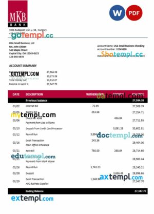 Hungary MKB bank business account statement Word and PDF template