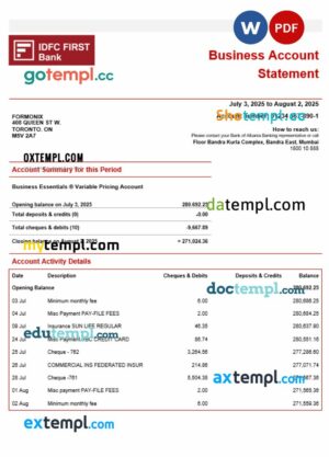 IDFC India company checking account statement Word and PDF template