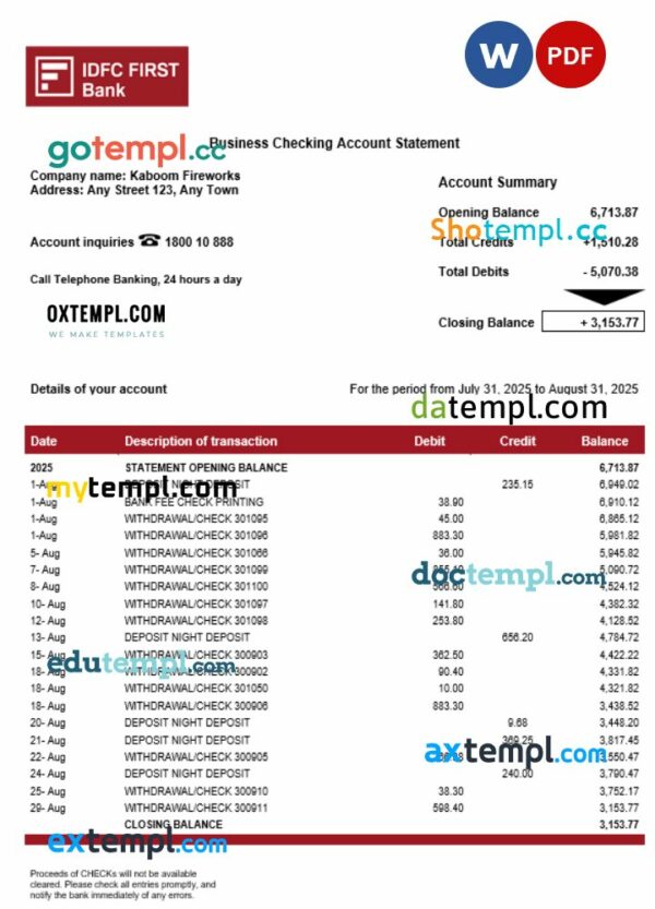 IDFC First enterprise account statement Word and PDF format