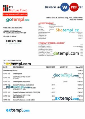 ITI  Mutual Funds business bank company statement Word and PDF format