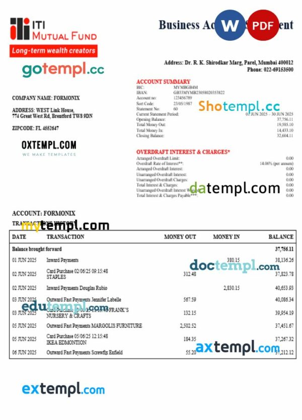 ITI  Mutual Funds business bank company statement Word and PDF format