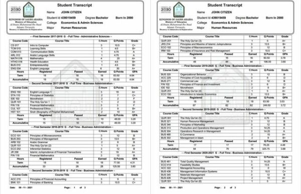 Imam Mohammad Ibn Saud Islamic University student transcript Word and PDF template, 3 pages