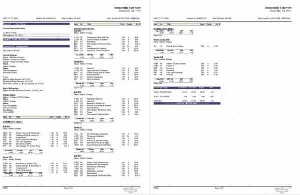 Immaculata University official transcript Word and PDF template, 2 pages