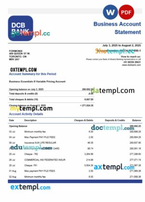 India DCB business organization checking  statement Word and PDF format