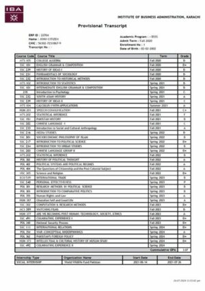 Institute of Business Administration, Karachi provisional transcript Word and PDF template