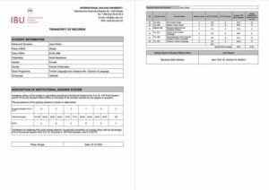 International Balkan University transcript of records Word and PDF template, 2 pages