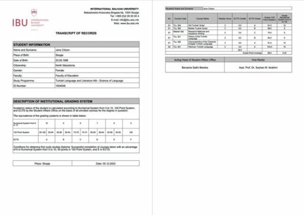 International Balkan University transcript of records Word and PDF template, 2 pages