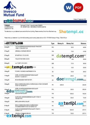Invesco Mutual Fund company checking account statement Word and PDF template
