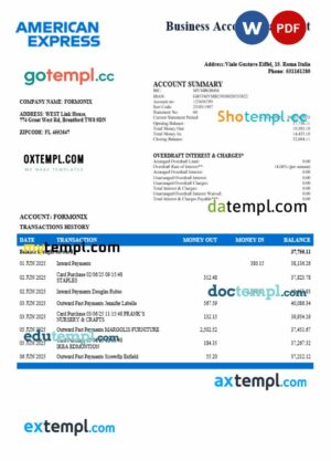 Italian American Express Amex company checking account statement Word and PDF template