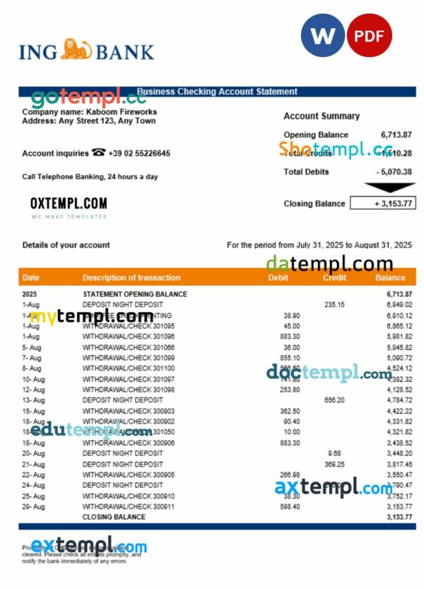 Italian ING bank enterprise account statement Word and PDF template