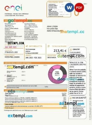 Italy Enel Energia utility bill template in Word and PDF formats