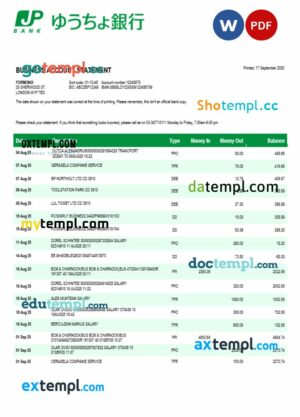 Japan Post Bank organization checking account statement Word and PDF format