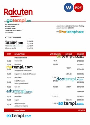 Japan Rakuten business account statement Word and PDF template