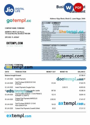 Jio Digital Life organization checking account statement Word and PDF template